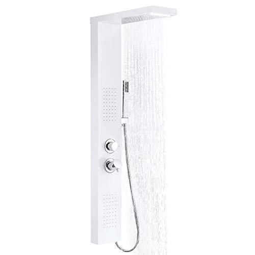 Aufun Panel de ducha de acero inoxidable con ducha de lluvia, ducha de masaje, ducha de cascada, columna de ducha, juego de ducha con ducha de mano para bañera o baño, ducha de ducha, color blanco