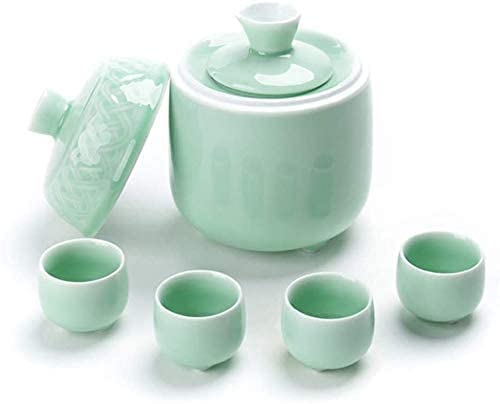 DEPILA Juego de Sake Japonés, Juego de Sake de Cerámica 6 Piezas Copas de Vino Celadon con Olla Calentadora Tazas Artesanales Tradicionales Regalo for Familia y Amigos Juego de Sake Tradicional Pintad