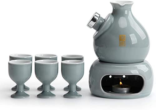 Juego De Tazas De Sake Japonesas con Dispositivo Calentador Tazas Artesanales De Cerámica Tradicionales De 8 Piezas con 1 Botella De Servicio De Sake, 1 Estufa De Velas Y 6 Tazas De Sake, Azul