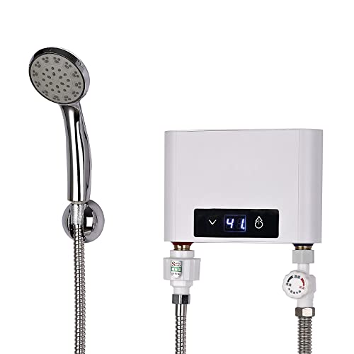 Mini calentador de agua electrónico con kit de ducha, calentador de agua eléctrico sin depósito, calentador de agua instantáneo para baño o cocina (blanco, 3500 W con set de ducha)
