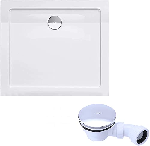 doporro Plato de ducha plano diseño Faro2W 70x80x4 de acrílico en blanco rectangular incl. válvula de desagüe adecuada para instalación a nivel del suelo y conexiones-DIN