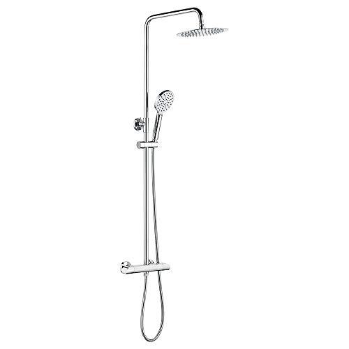 Ibergrif M21809 Sistema Columna de Ducha-Banera Termostática Tres con Rociador, Alcachofa, Manguera, Barra Ajustable y Soporte, Cromo, Plata