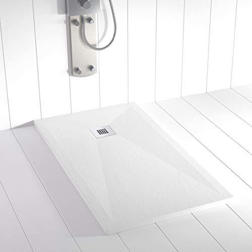Shower Online Plato de ducha Resina PLES - 80x100 - Textura Pizarra - Antideslizante - Todas las medidas disponibles - Incluye Rejilla Color y Sifón - Blanco RAL 9003