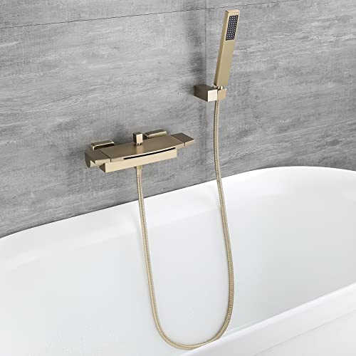 Grifo de bañera cascada grifo de bañera todo cobre pared cascada ducha caliente y fría bañera grifo (oro cepillado)
