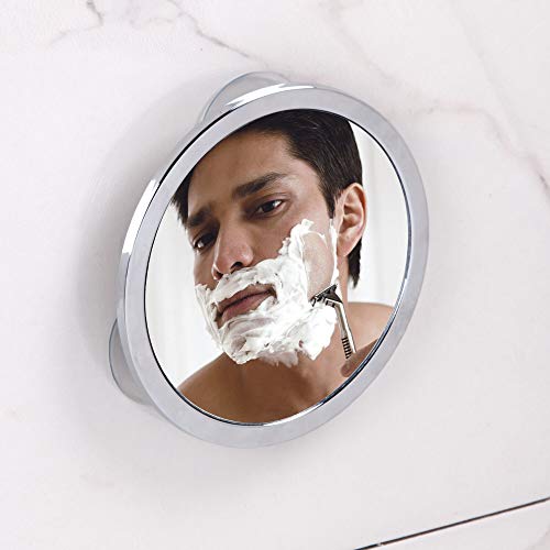 iDesign Espejo redondo para la ducha, pequeño espejo de ducha de metal cromado con ventosa, espejo antivaho para afeitarse en el baño, plateado