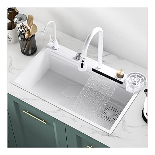 Fregaderos Negro Modernos para Cocina 1 Seno Kitchen Sink Fregadero de Cascada Volante Doméstico, Verduras Cuenco Individual con grifo extraíble, tabla de cortar, lavavasos, 3 tamaños, 5 colores ( Col