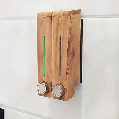 Dispensador de jabón líquido de Gel de Ducha y champú para baño de 3 cámaras, dispensador Manual de jabón para Manos y Platos, Acabado de Madera montado en la Pared