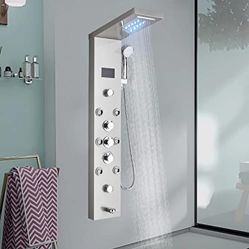 Columna de ducha hidromasaje, columna ducha acero inoxidable, con 8 chorros de masaje con pantalla LCD de la temperatura, sistema de ducha de pared, cepillado
