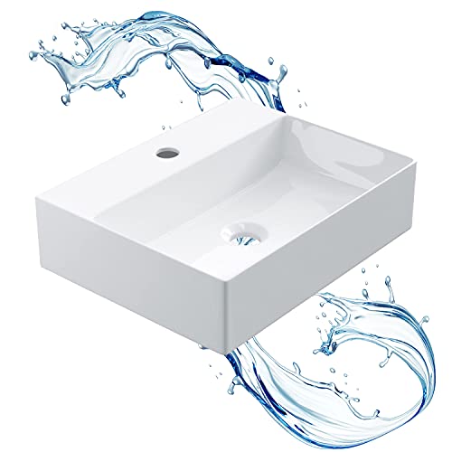 STARBATH PLUS - Lavabo sobre encimera rectangular blanco con agujero para grifo - Lavabo encimera baño - Lavabo sobre encimera cerámica - 46x36x12 cm