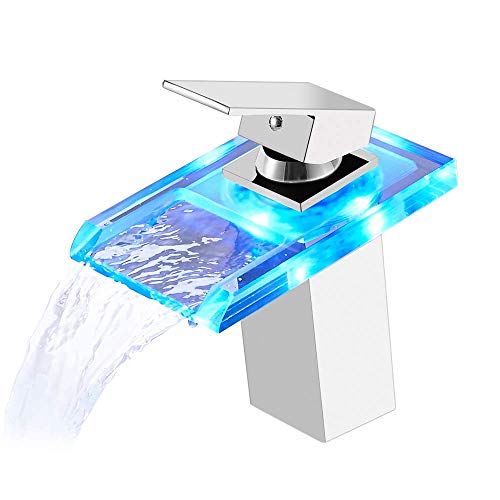 Auralum Grifo LED de lavabo de vidrio LED con iluminación de cambio de color RGB 3 y monomando para lavabo de baño WC Plata