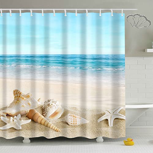 DKLFYDBG Cortina de ducha de tela, 180 x 200 cm, antimoho, lavable, paisaje del océano azul, estrellas de mar Seashell, tropical 3D, cortinas de ducha para baño, resistente al agua (180 x 200 cm)