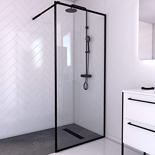 MARWELL WALK IN - Mampara de ducha de 90 x 200 cm, con entrada sin barreras, cristal de seguridad de 6 mm de grosor, incluye barra de soporte, ducha de cristal en color negro mate