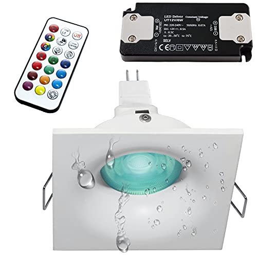 Planetitaly Foco redondo cuadrado lámpara LED 6 W RGB GU5.3 12 V empotrable IP65 cromoterapia cabina ducha baño turco sauna (cuadrado, RGBW+6000 K)