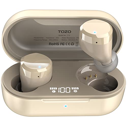 TOZO T12 Auriculares Inalámbricos Bluetooth, Cascos Inalambricos Bluetooth 5.3 con Control táctil y Pantalla LED de Inteligencia Digital IPX8 Impermeables, Rápida Carga USB-C Graves Intenos