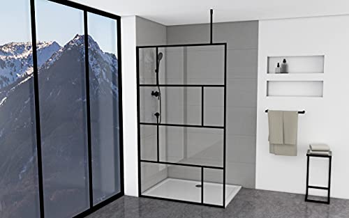 MARWELL Mampara de ducha en diseño moderno, 120 x 195 cm, ducha de cristal con perfil de pared negro mate, cristal de seguridad para una máxima seguridad, montaje en plato de ducha o azulejo