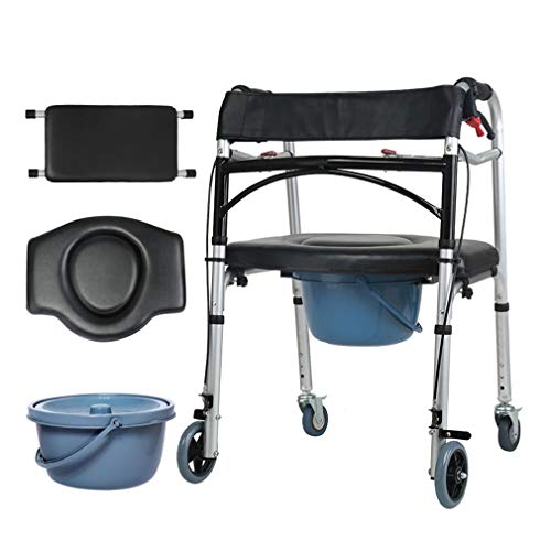 GUDLAK Silla de Ducha con Orinal para Personas Mayores | Andador con Ruedas Plegable con 4 Ruedas - Altura Ajustable - Silla de Transporte con Ruedas para Caminar con Freno de Mano y Asiento de Cue