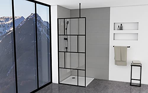 MARWELL Mampara de ducha en diseño moderno, 90 x 195 cm, ducha de cristal con perfil de pared negro mate, cristal de seguridad para una máxima seguridad, montaje en plato de ducha o azulejo