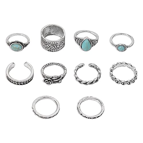 Anillos de articulación Vintage Stone apilable bohemio para mujeres apilamiento Retro Set anillos de dedo 10 anillos de PC anillos de plata Ansiedad Ducha Doble Equipo