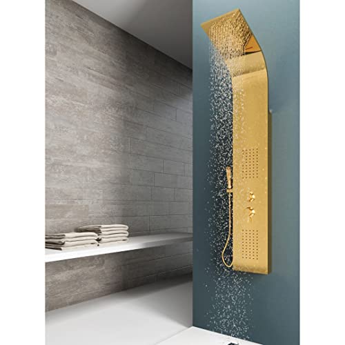 EM Columna ducha selva oro acero oro pulido mate 4 funciones con cascada ducha mezclador agua caliente fría