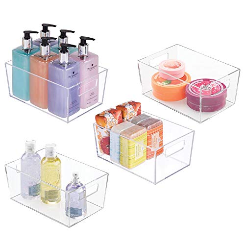 mDesign Juego de 4 cajas de plástico con asas – Organizador transparente pequeño – Cajas organizadoras para accesorios de baño, cosméticos, toallas, champú, etc. – transparente