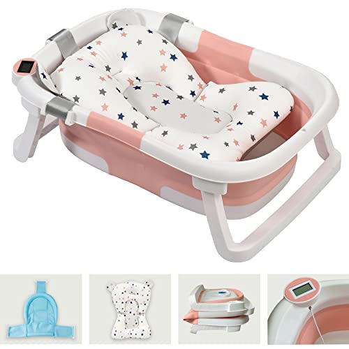 PUPA - Bañera plegable para bebé con termómetro digital integrado y cojín tumbona, bañera con soporte para cabezal de ducha y superficies antideslizantes (rosa)