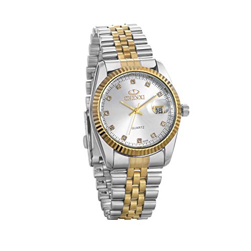 JewelryWe Reloj de pulsera con calendario de cuarzo dorado y plateado, Plata-hombre, Pulsera