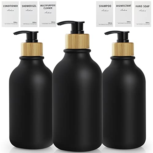 3 Pedazo Dispensador Jabon, 500 ml Dispensador de Jabon con 6 Etiquetas para Baño Cocina Champú, Jabón de Mano - Negro