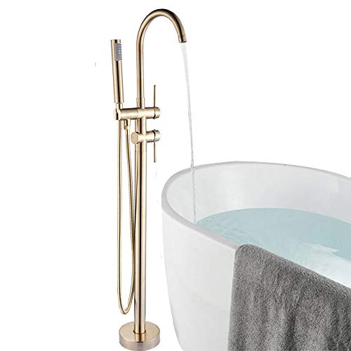 Onyzpily Oro cepillado Freestanding Bath Grifería de baño Grifos mezcladores de baño Bañera montada en el piso Bañera de baño Grifo de mano 360 ° Filler Spout frío y caliente