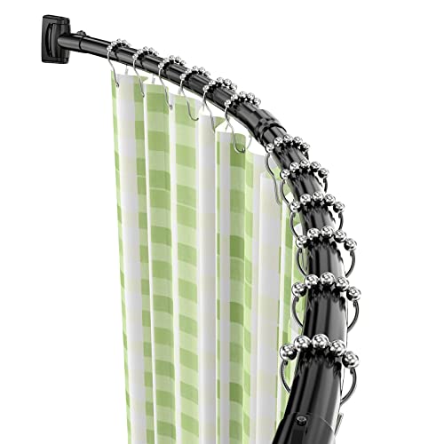 Barra de cortina de ducha, soporte de arco redondo, barra de ducha extensible de acero inoxidable con 24 anillas para cortina para baño, bañera, balcón, vestidor, (140-200 cm), color negro