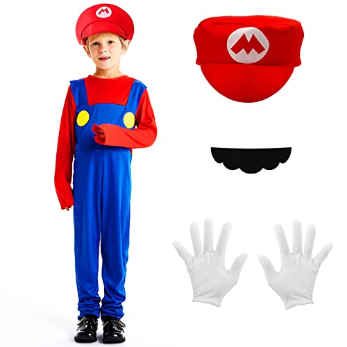 Kitimi Disfraz de Mario para Niños Adultos, Disfraz de Mario con Traje, Gorra y Barba, Disfraz de Carnaval de Halloween para Niños Adultos Damas
