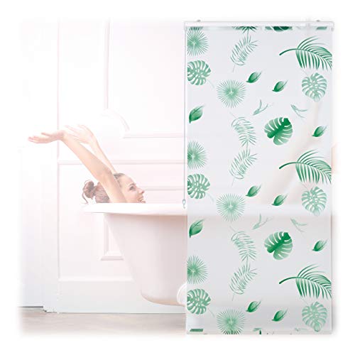 Relaxdays Estor de Ducha con Hojas, 80 x 240 cm, para Ducha y bañera, Impermeable, Techo y Ventana, Blanco/Verde, PVC