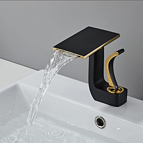 SJQKA Grifo Lavabo Cascada Moderno,Grifos Mezclador De Baño De Latón Monomando, Grifo Mezclador De Lavabo,Agua Fria Y Caliente Disponible (Negro+Dorado)