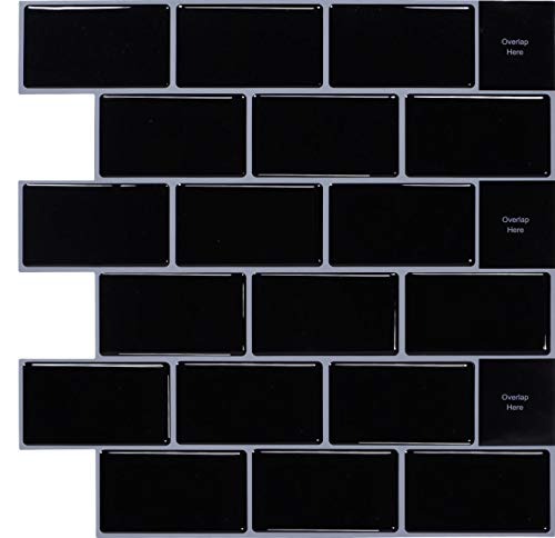WoStick Negro Vinilo Azulejos Adhesivo Pegatina de Pared Baldosas Negro Efecto 3D Ladrillos para Cocina y Baño, 30.5 x 30.5 cm (10 Piezas)