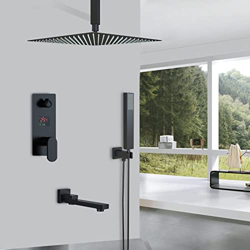 Conjunto de ducha de ducha negro con cabezal de ducha de 25 x 25 cm con manguera, grifo de ducha de cascada, tecnología de inyección avanzada oculta de aire montado en el techo