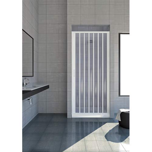 Cabina de ducha 120 cm modelo Jade extensible de PVC puerta única con paneles semitransparentes apertura lateral de fuelle color blanco