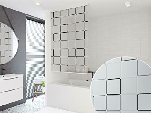 Cortina de ducha enrollable. 4 anchuras y 9 diseños disponibles. Blanco, gris, verde y azul, Quadro, 180