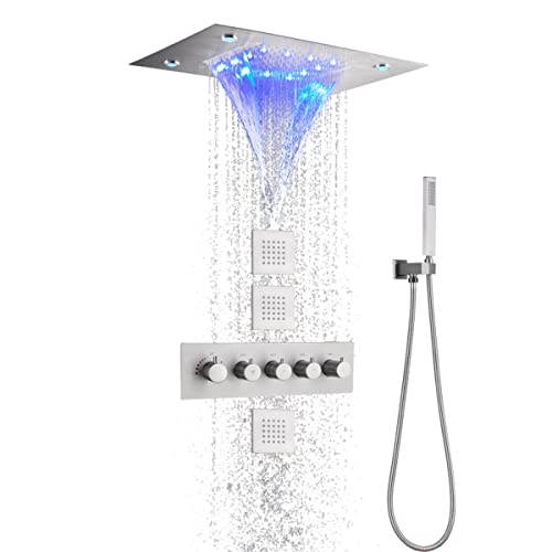 JFJL Sistema De Grifo De Ducha De Lluvia Montado En El Techo Termostático 14 X 20 Pulgadas LED Cascada Cabezal De Ducha De Lluvia Conjunto De Mezclador De Baño Chorro De Rociador De Cuerpo,Plata