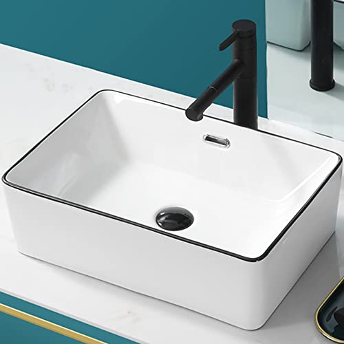 Fregadero Sobre Encimera con Desagüe Desplegable, Combo de Lavabo y Grifo de Baño, Lavabo de Recipiente Blanco con Borde Negro, Lavabos de Baño Sobre Encimera (Color : C-Medium)