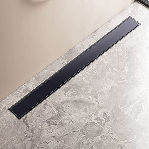 Canaleta de ducha de 80 cm, cristal negro, extraplano, acero inoxidable, juego completo de desagüe de ducha, sifón con filtro antiolores y colador, tamaños 30 cm - 100 cm