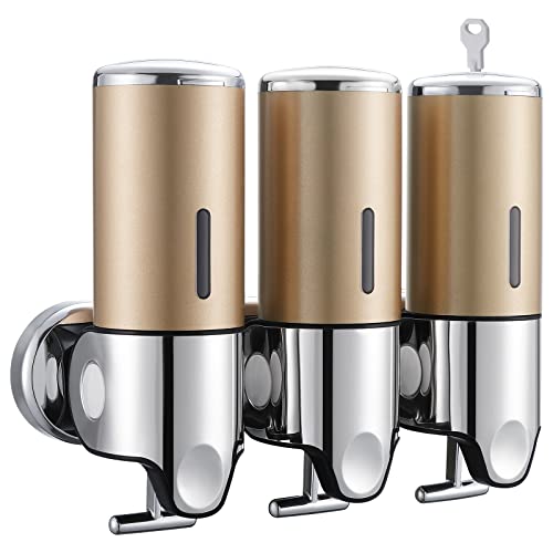 Kyrio Pumps Dispensador de jabón, Dispensador de jabón de Manos Manual montado en la Pared, Recipiente de Gel de Ducha de loción de champú para Inodoro, baño, Hotel, Cocina (3*500ML, Golden)