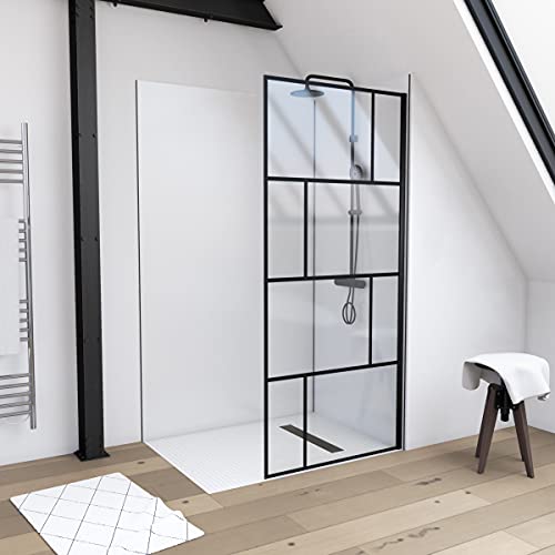 MARWELL Mampara de ducha con serigrafía moderna 90 x 195 cm ducha de cristal con perfil de pared negro mate cristal templado de seguridad para máxima seguridad montaje en plato de ducha o baldosas.