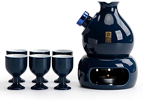 Juego De Tazas De Sake Japonesas con Dispositivo Calentador Tazas Artesanales De Cerámica Tradicionales De 8 Piezas con 1 Botella De Servicio De Sake, 1 Estufa De Velas Y 6 Tazas De Sake, Azul