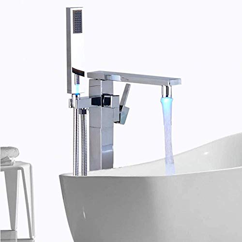 Sistema De Ducha Baño Bañera Grifo para Lavabo Grifo Monomando Independiente para Bañera con Ducha De Mano Caño De Luz Led Grúa Fría Y Caliente-Cromo (Cromo)