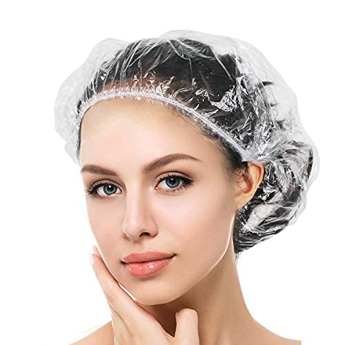 Auban Gorro de ducha desechable, 100 piezas de gorro de ducha, gorro de ducha elástico de plástico transparente, grueso y impermeable, adecuado para mujeres, niñas y salones de hoteles, spas de viaje