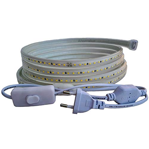 Ahorraluz Tira 220v 2835 120 Led/m Alta LUMINOSIDAD, con Interruptor. Impermeable Frío/Neutro Waterproof IP67 Strip (Blanco Cálido, 1M), 11 W