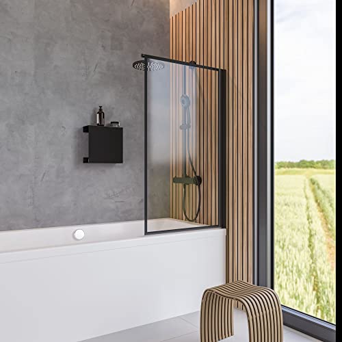 Schulte mampara ducha para bañera 80 x 140 cm, 1 hoja plegable, montaje reversible izquierda derecha, perfil negro vidrio 5 mm transparente, EP1650 68 130