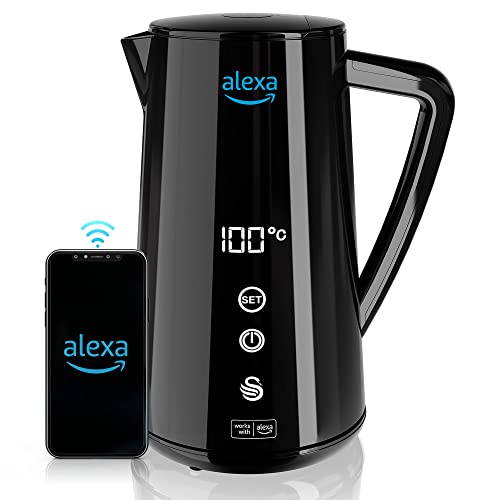 Swan Alexa Hervidor Agua Eléctrico Inteligente WIFI Smart Kettle 1,5L, Inalámbrico, Pantalla LED Táctil, Función Mantener Caliente, Pared Aislada Acero Inoxidable, 1800W, Negro, SK14650BLKNEU