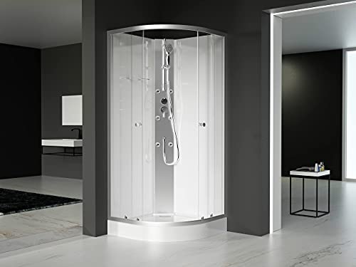 MARWELL Ducha completa White Oasis 90 x 90 x 210 cm – Ducha redonda con entrada frontal – Cabina de ducha con perfiles de aluminio de alta calidad – Altura de entrada 15 cm