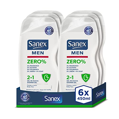 Sanex Men Zero% Hidratante, Gel de Ducha o Baño para Hombre, Cuerpo y Rostro, Pack 6 Uds x 450ml