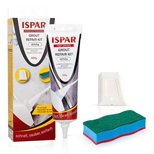 Ispar Kit de reparación de juntas para juntas de azulejos con espátula y esponja, mortero de azulejos, masilla para renovar las juntas, Blanco
